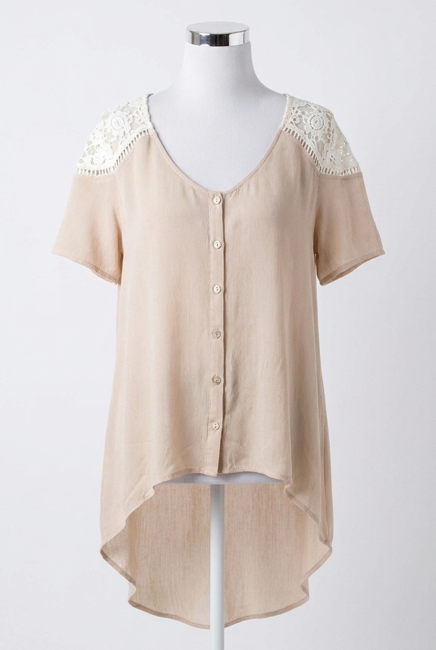 NEW KORI lace shoulder blouse in mocha